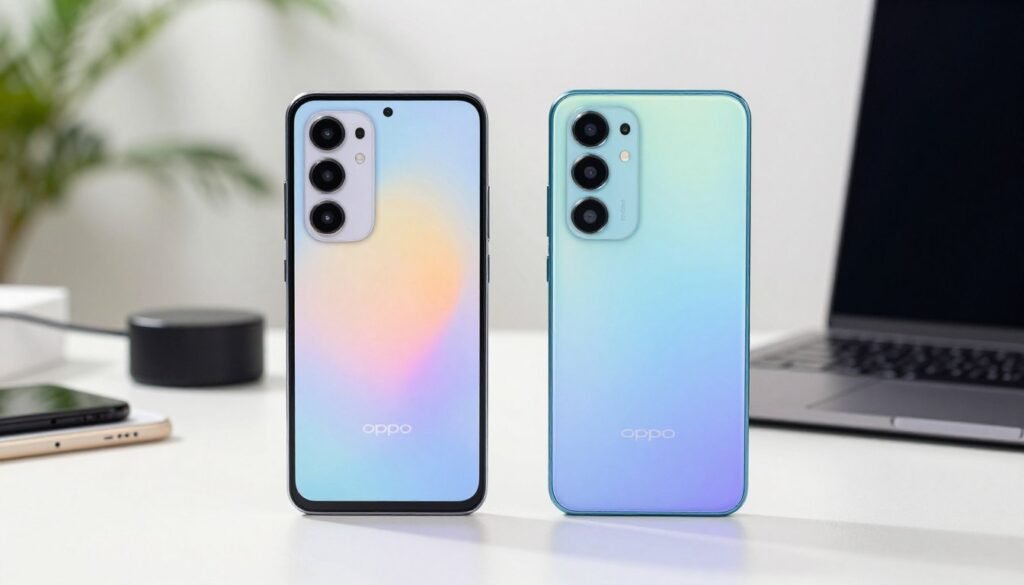 A visually striking comparison image showcasing two smartphones, the Samsung A15 and OPPO A59, prominently displayed side by side on a sleek, modern table. The smartphones, both featuring vibrant screens, are set against a soft-focus background that highlights elements of a tech-savvy environment, like scattered accessories and a laptop. The lighting is bright yet soft, simulating a natural daylight effect, enhancing the sleek designs of the devices. Capture the details of their sleek edges and modern colors to emphasize their flagship aesthetics, while contrasting them with subtle indicators of pricing, such as minimalist price tags on each device. The overall mood is professional and informative, appealing to tech enthusiasts interested in value for money.